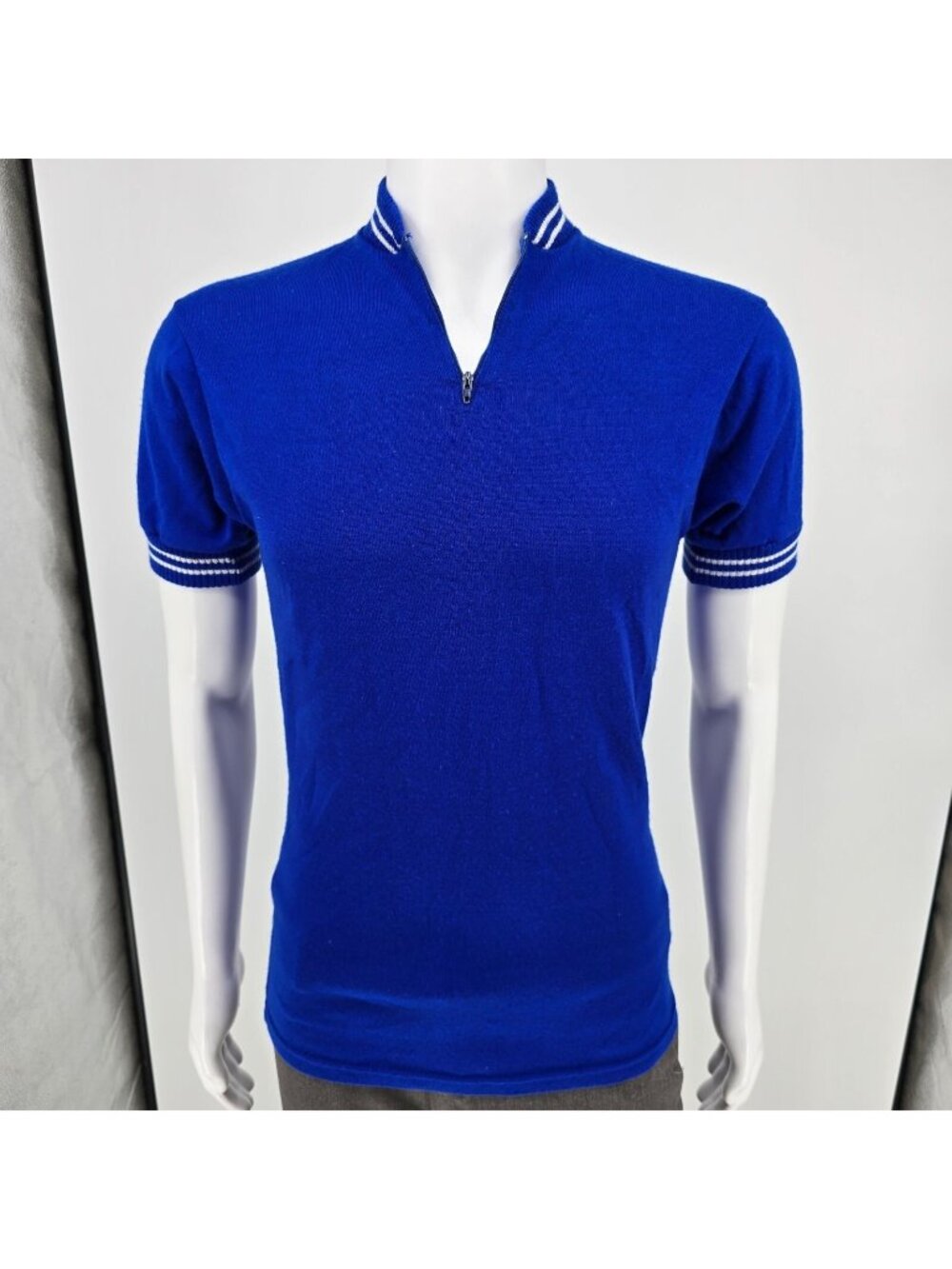 Vintage 1970s Au Tour De France Quarter Zip Knit Blue Cycling Jersey (Small)